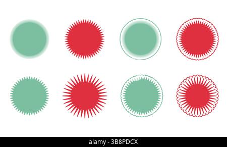 Set of round badges, stamps, labels, and price tags with zig-zag and wavy edges. Includes sun, sunburst, and sunshine icons. Ideal for discount, sale, Stock Vector