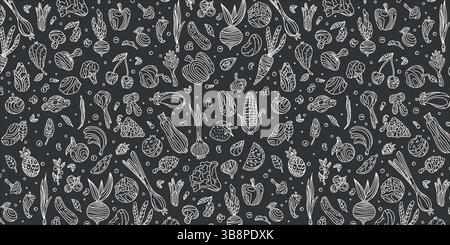 Vegetables and fruits. Seamless hand drawn doodle pattern on dark background. Illustration for background, card, poster, banner, textile print, cover, Stock Vector