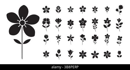 Floral Icon Set -Black Silhouette Flower Collection for Design and Decoration Stock Vector