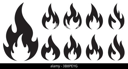Flame Icon Set – Black Fire Silhouette Vector Collection for Design and Graphics Stock Vector