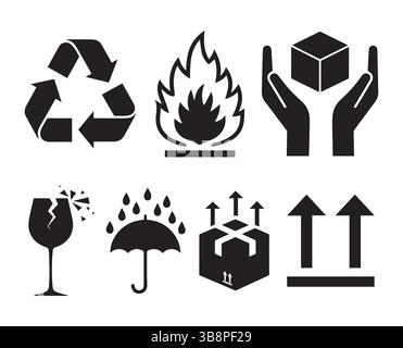 Shipping and Handling Symbols Set , Common packaging And warning symbols , Handle with care, Fragile, Recycling , This side up, Fragile, Recycle, Stock Vector