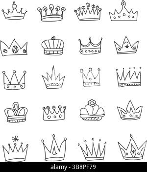 Hand drawn crowns. King, queen doodle crown and princess tiara. Vintage ...