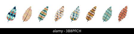 Set of Colorful Decorative Feathers Isolated on White Background. Collection of Artistic Bird Feathers with Geometric and Abstract Patterns. Concept o Stock Vector