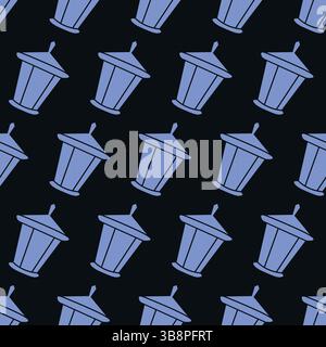 Seamless Pattern of Lanterns Street Lamps on Black Background. Concept of Streetlight Design, Urban Style, Nighttime Aesthetics, Minimalist Geometric Stock Vector