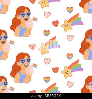 Illustrated girl with rainbow face paint, sunglasses, and ice cream, surrounded by hearts and stars in colorful LGBT theme. Stock Vector