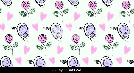 Hand drawn Stylized Butterflies, Rose on stem and Decorative hearts Seamless Pattern Pink and Purple. Isolated Vector design Thematic cards Wallpaper or web promo banner, leaflets, greeting, promo back Stock Vector