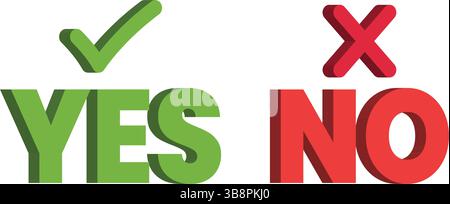 3d yes and no symbols for decision making. Green check and red cross icons showing approval and rejection. Stock Vector
