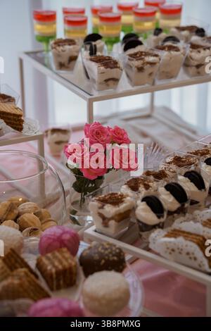 A lavish dessert display featuring colorful panna cotta, tiramisu cups, macarons, cookies, and roses on a white tiered stand, showcasing a pink and wh Stock Photo