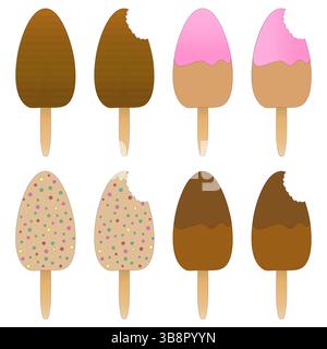 Set of ice cream on a stick with different colors on isolated white background. Ice cream whole and bitten off, with teeth marks - fruit, chocolate, a Stock Vector