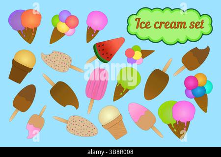 Set of ice cream - on a stick, in a waffle cone, in a cup, and in the form of watermelon on a blue background. Ice cream whole and bitten off, with te Stock Vector
