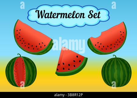Set of ripe striped watermelon - whole, with cut piece, slices with juicy flesh and black seeds on gradient background. Bitten off watermelon with tee Stock Vector