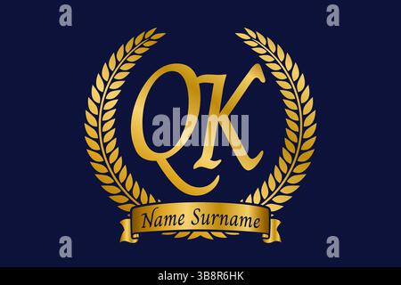 Initial letter Q and K, QK monogram logo design with laurel wreath. Luxury golden emblem with calligraphy font. Stock Vector