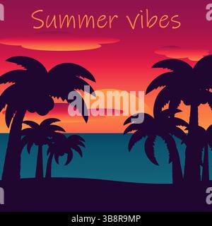 Summer vector illustration featuring silhouettes of tropical coconut palms on a gradient background of sunset. Palm tree with coconuts in evening trop Stock Vector