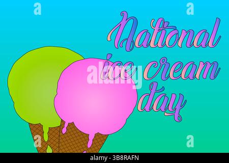 Colorful summer illustration with ice cream with drips and drops in a waffle cone on soft gradient background. National Ice Cream Day inscription. Ide Stock Vector