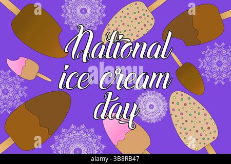 Summer vector illustration featuring several popsicle on wooden sticks, and snowflakes on purple background. National Ice Cream Day inscription. Ideal Stock Vector