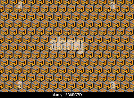 Intricate geometric pattern featuring repeating cubes in shades of orange and gray.  Creates a dynamic, almost threedimensional effect, perfect for ba Stock Vector