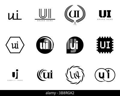 UI logo company template. Letter u and i logotype. Set different classic serif lettering and modern bold text with design elements. Initial font typog Stock Vector