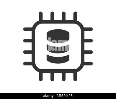 Minimalist icon depicting a computer chip housing a database. Represents data storage, processing, and server technology. Ideal for tech, IT, or web d Stock Vector