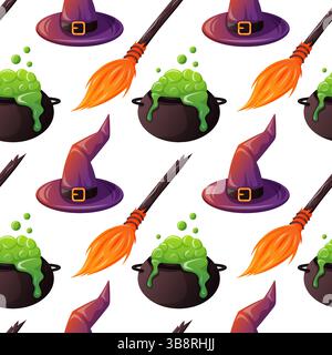 Seamless Halloween pattern with witch hat, broom and bubbling cauldron on white background in cartoon style. Perfect for seasonal wrapping paper and Stock Vector