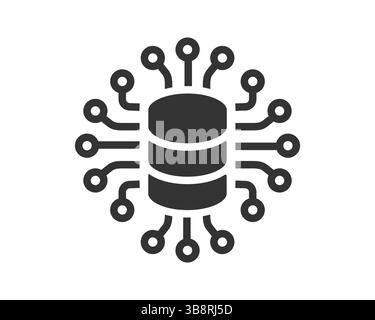 Conceptual graphic of a database server connected via a chip circuit. Symbolizes data, technology, and interconnected systems. Ideal for IT, networkin Stock Vector