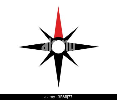 Striking compass rose design. Black silhouette with a red direction. Ideal for navigation, direction, maps, or guidance themes. Clean, modern, and ver Stock Vector