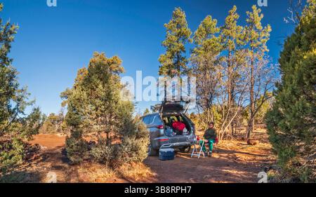 Senior man camping in Black Hills, Prescott National Forest, near town of Jerome, Arizona, USA Stock Photo
