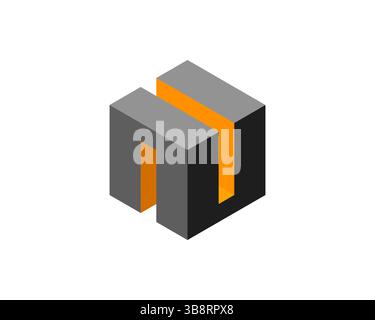 Abstract 3D isometric design.  Modern geometric cube with vibrant orange accent.  Represents innovation, technology, or architecture. Ideal for corpor Stock Vector