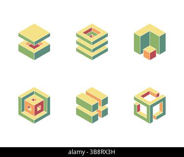 Six unique isometric cube designs in muted greens, yellows, and reds.  Perfect for modern branding, technology, architecture, or design concepts.  Ill Stock Vector
