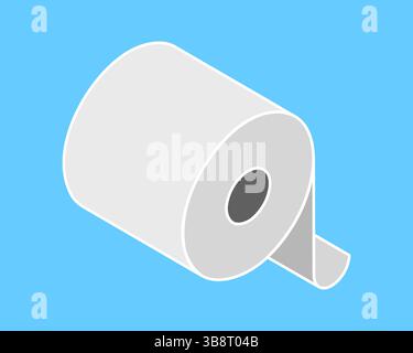 Isometric illustration of a roll of toilet paper against a light blue background.  Simple, clean design perfect for hygiene, cleanliness, or bathroomr Stock Vector