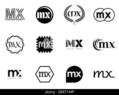 MX logo company template. Letter m and x logotype. Set different classic serif lettering and modern bold text with design elements. Initial font typog Stock Vector