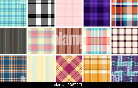 Trendy plaid patterns in vibrant colors, featuring checkered designs and gingham-inspired stripes. Ideal for textile, fabric, clothing, or wallpaper w Stock Vector