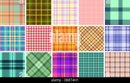 Classic plaid patterns in vibrant colors, featuring checkered designs with bold stripes. Ideal for textile, fabric, wallpaper, and shirts, offering a Stock Vector