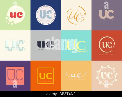 UC logo company template. Letter u and c logotype. Set different classic serif lettering and modern bold text with design elements. Initial font typog Stock Vector