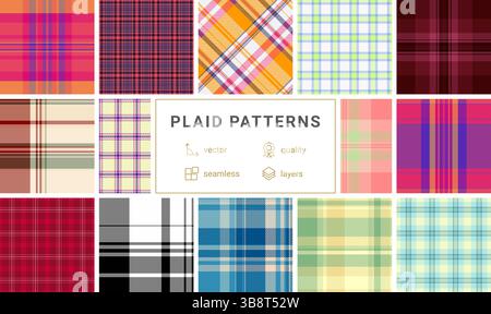 Geometric plaid patterns with bold stripes and check designs. Perfect for textile, fabric, clothing, or wallpaper with a trendy touch. Ideal for creat Stock Vector