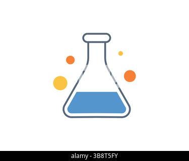 Vibrant flatstyle icon of an Erlenmeyer flask with colorful bubbles, ideal for science, chemistry, research, education, or laboratoryrelated projects. Stock Vector