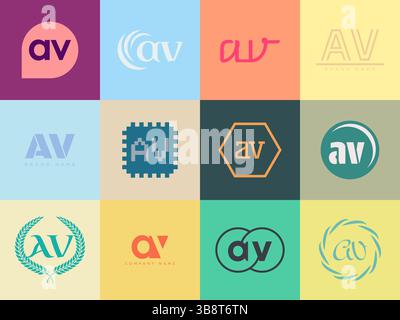 AV logo company template. Letter a and v logotype. Set different classic serif lettering and modern bold text with design elements. Initial font typog Stock Vector
