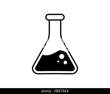 Bold black icon of an Erlenmeyer flask filled with liquid and bubbles against a white background.  Perfect for science, chemistry, or laboratoryrelate Stock Vector