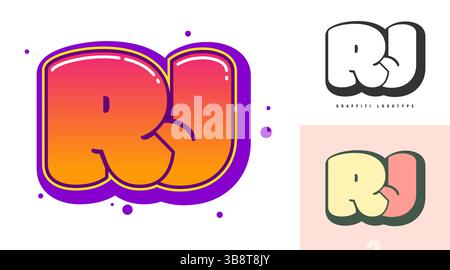 RJ logo design for festival or party. Initial letter r and j in graffiti style. Creative modern lettering company name of font typography. Kids trendy Stock Vector
