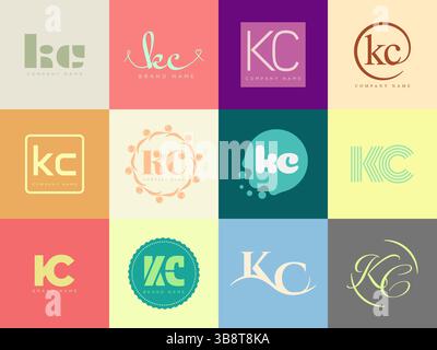 KC logo company template. Letter k and c logotype. Set different classic serif lettering and modern bold text with design elements. Initial font typog Stock Vector