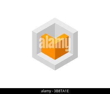 Modern abstract isometric design featuring a vibrant orange cube within a gray hexagonal frame.  Perfect for tech, corporate, or app branding, present Stock Vector