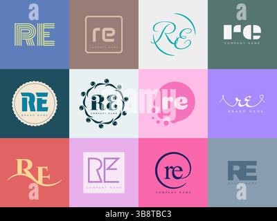 RE logo company template. Letter r and e logotype. Set different classic serif lettering and modern bold text with design elements. Initial font typog Stock Vector