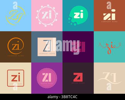ZI logo company template. Letter z and i logotype. Set different classic serif lettering and modern bold text with design elements. Initial font typog Stock Vector