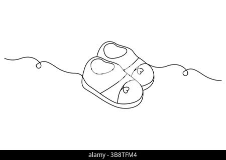 Summer slippers continuous one line drawing and flip flop foot sandals outline vector illustration Stock Vector