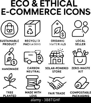 Eco and Ethical E-Commerce Line Icons Set for Sustainable Shopping Stock Vector