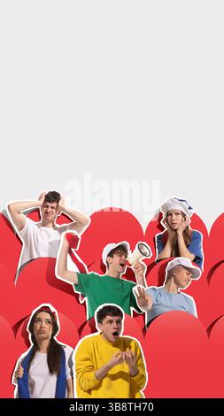 Group of fans in red white green clothes, show frustration, sadness, stress during tense match moment. Stock Photo