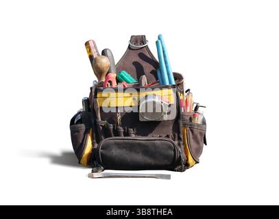 Isolated tool bag for handyman, carpenter, electrician or technician. Well-used tool kit or pouch for repair or installation. Assortment of screw driv Stock Photo