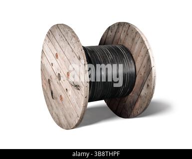 Isolated fiber optic wooden cable reel. Large 1000m loose tube cable wood drum. High-speed internet upgrade or installation of fiber optic in building Stock Photo