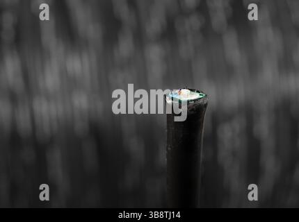 Fiber optic cable in front of defocused black cable reel. Close up of loose tube cable. Install or upgrade to optical cable for data transfer per ligh Stock Photo