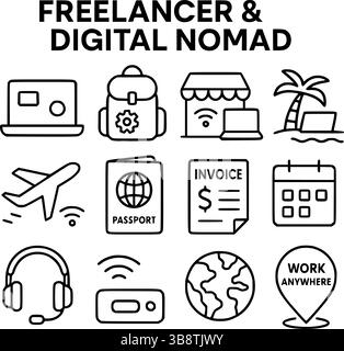 Freelancer and Digital Nomad Icons Set – Remote Work, Travel, and Online Business Essentials Stock Vector