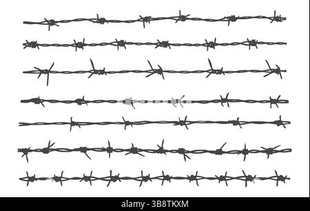 Barbed wire silhouette, Barbed wire svg, Barbed wire clipart, Barbed wire drawing, Barbed wire vector bundle Stock Vector
